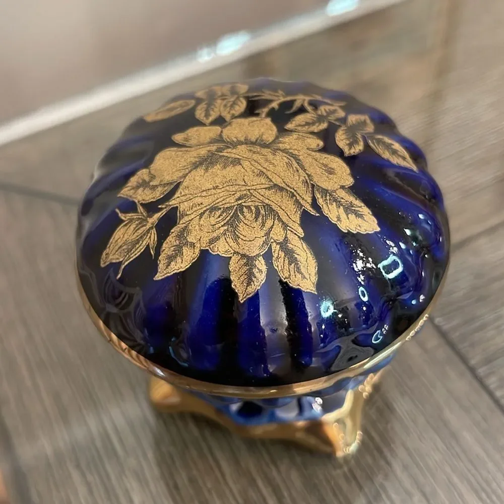Vintage Cobalt Blue & Gold Footed Trinket Box